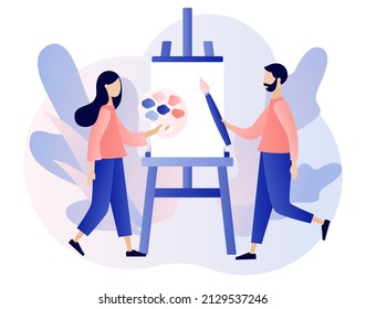 Artist. Art school or studio. Tiny people artists with canvas on easel, pallete and brushes. Art workshop. Create picture. Modern flat cartoon style. Vector illustration on white background