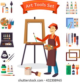 Artist and art tools set for painting and creature vector illustration