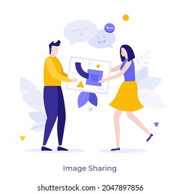 Artist, author or designer gives his artwork to woman. Concept of legal use of creative work, image sharing, intellectual property licensing agreement. Modern flat vector illustration for poster.