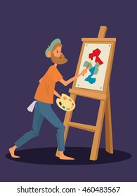 Artist with beard painting on an easel. Vector cartoon illustration