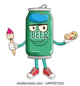 Artist of beer can cartoon character holding a paintbrush and palette with funny smile face