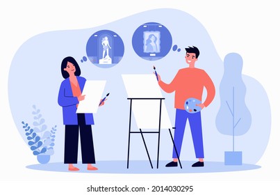 Künstler hinter easel Denken über Porträt von Frau in der Galerie. Maler und Bildhauer sprechen flache Vektorgrafik. Kunstschule, Workshop-Konzept für Banner, Website-Design oder Landing-Website