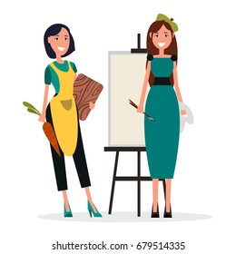 Artist in beret with easel and brushes and chief-cooker in apron with big carrot and wooden cutting board vector illustrations on white background.