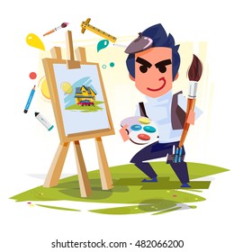 artist boy painting on canvas with art icons. character design. Creative people professions collection. - vector illustration