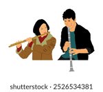 Artist boy playing clarinet duet with flutist girl vector illustration isolated. Performer flute clarinet. Musician flutist man woman audio art. Artist amusement entertainment. Blowing wind instrument