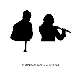 Artist boy playing clarinet duet with flutist girl vector silhouette illustration isolated. Performer flute clarinet shape shadow. Musician flutist man woman audio art. Artist blowing wind instrument.