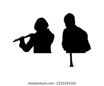 Artist boy playing clarinet duet with flutist girl vector silhouette illustration isolated. Performer flute clarinet shape shadow. Musician flutist man woman audio art. Artist blowing wind instrument.