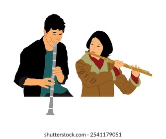 Artist boy playing clarinet duet with flutist girl vector illustration isolated. Performer flute clarinet. Musician flutist man woman audio art. Artist amusement entertainment. Blowing wind instrument