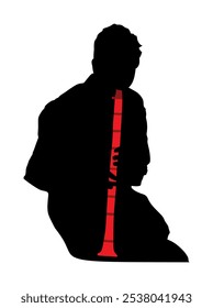 Artist boy playing clarinet vector silhouette illustration isolated. Performer with flute clarinet. Musician flutist man audio art. Male artist amusement entertainment public. Blowing instrument blow.