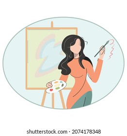 The artist with a brush and a palette at the easel in thought. Young creative girl paints colorful abstract paintings on canvas in a painting studio. Isolated vector illustrations. Cartoon flat style.