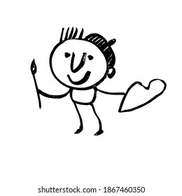 Artist with a brush and palette in his hands. Hand-drawn funny cartoon character. Black and white vector illustration.