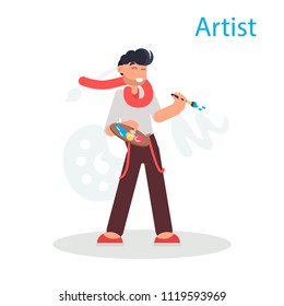 Artist with brush and pallet color flat illustration