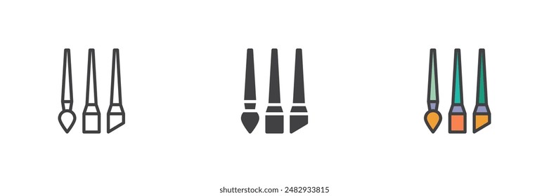 Artista pinceles para dibujar diferentes conjuntos de iconos de estilo. Línea, glifo y contorno relleno versión colorida, contorno y Vector relleno signo. Símbolo de pincel de pintura, ilustración de logotipo. Vector gráfico
