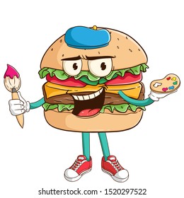 Artist of burger cartoon character holding a paintbrush and palette with funny smile face