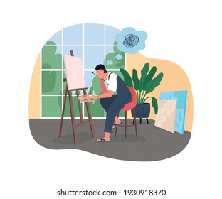 Artist burnout 2D vector web banner, poster. Man at easel with paintbrush. Tired painter flat characters on cartoon background. Home studio space printable patch, colorful web element