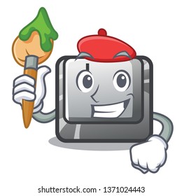 Artist button J installed on cartoon computer