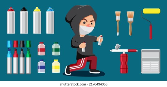 Artist and can spray paint draws graffiti picture isolated blue background in black hood  character design vecter illustration