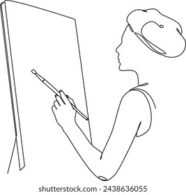 Artist with cap painting on canvas line art