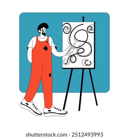 An artist is carefully creating artwork on a canvas (flat design style) V.2