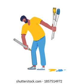 Artist caricature. Male character holding pencil in hand and drawing himself. Linear style illustration. Painting with brushes and pencil.