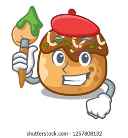 Artist cartoon cooking takoyaki in baked fire