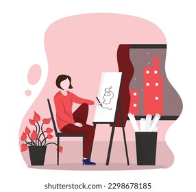 Artist cartoon drawing at blank canvas, flat illustration style isolated on white background.