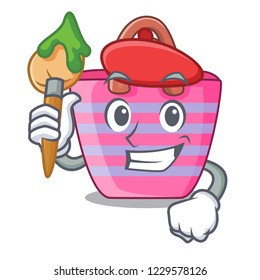 Artist cartoon on red shaped beach bag