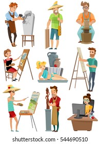 Artist cartoon set with poeple and painting isolated vector illustration