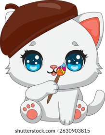 Artist Cat Holding Painting Brush White Kitten Vector