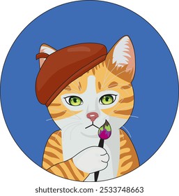 Artista gato adesivo pintor chapéu e escova vetor logotipo