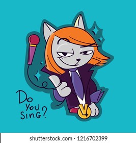 Artist cats illustration. Cartoon style poster. kitten boy with microphone. 