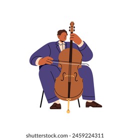 Artista con violoncello, violoncello está en la actuación. Músico toca sinfonía, música clásica. El talentoso violonchelista sostiene el instrumento de cuerda doblada. Ilustración vectorial aislada plana sobre fondo blanco