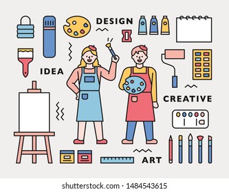 Artist character and art supplies icons arranged around it. flat design style minimal vector illustration.