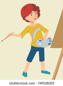 artist character with easel - funny vector cartoon illustration