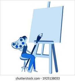 Artista. El personaje escribe con un pincel sobre un caballete. Diseño, arte, creatividad, hobby en casa o en la oficina. El concepto muestra un trabajo creativo con grandes proyectos. Color azul. Fondo blanco