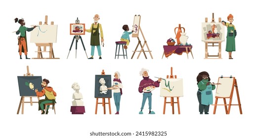 Artist characters at work. Cartoon creative artists at sketching and painting, master working with clay model, handcraft activity. Vector set. Kids and adults drawing on easel, sculpting