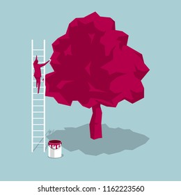 The artist climbed the ladder to draw the tree. The background is blue.