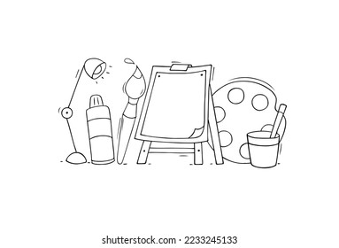 Artist concept - empty canvas with brush and paints. Hand drawn sketch of art studio class with painter and easel. Vector doodle illustration with paper, electric lamp