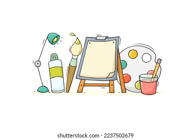 Concepto artístico - lienzo vacío con pinturas y pinturas. Esbozo dibujado a mano de clase de estudio de arte con pintor y caballete. Ilustración de doodle vectorial con papel, lámpara eléctrica