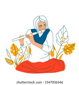 artist concept. Hand drawn woman playing on flute concept sketch. Isolated vector illustration.