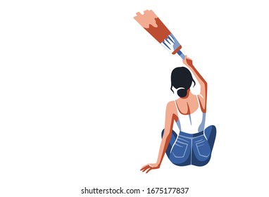 Artist concept  Hobby  Young woman sitting   making paint stroke and art brush  Back view  Vector illustration isolated white background