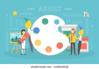 Artist concept illustration. Idea of creative people. Little artists standing in front of big palette, brush and paints.