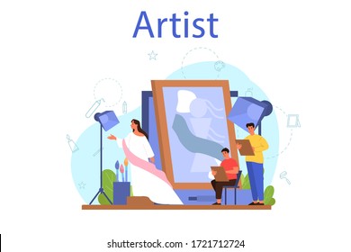 Artist concept illustration. Idea of creative people and profession. Male and female artist standing in front of big easel, holding a brush and paints. Isolated flat vector illustration