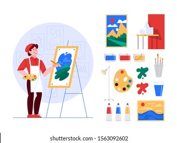 Artist concept illustration set. Idea of creative people. Male artist standing in front of big easel, holding a brush and paints. Brushes, oil paints, artworks set