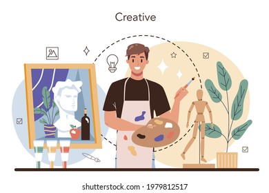 Artist concept. Professional illustrator in front of big easel or screen, holding a brush and paints. Idea of creative people and profession. Art gallery profession. Flat vector illustration