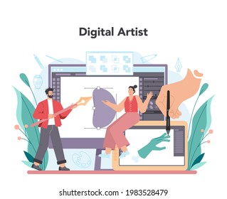 Artist concept. Professional illustrator in front of big easel or screen, holding a brush and paints. Idea of creative people and profession. Classic or digital art. Flat vector illustration