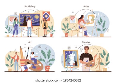 Artist concept set. Professional illustrator in front of big easel or screen