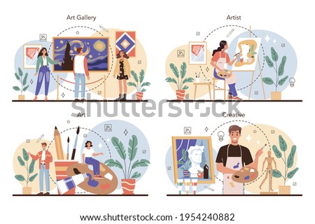 Artist concept set. Professional illustrator in front of big easel or screen