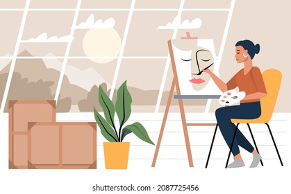 Artist creating canvas picture. Flat vector. Woman in art studio with paint and brush.