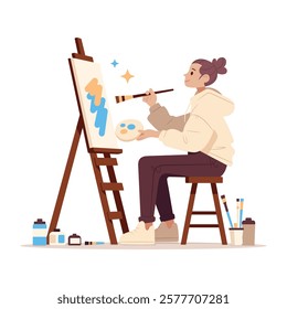 Artist creating a vibrant painting in the studio using colors and brush. A young woman artist sits on a stool, focused on painting a canvas. Vector cartoon illustration isolated on white background.